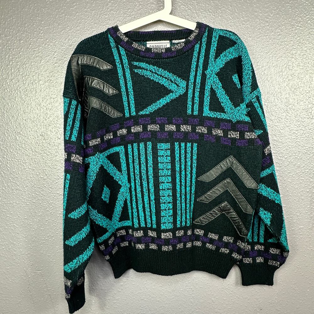 Vintage GABRIELLE Leather Patches Color Block Pattern Sweater 90s Women’s Small